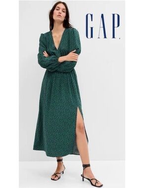 XXL GAP Smocked Waist V Neck Balloon Sleeve Forrest Green Maxi Dress, NWT